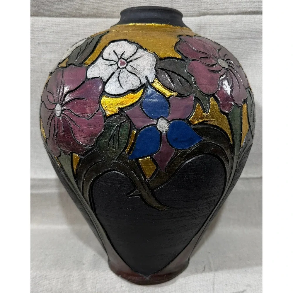 Vintage Studio Art Pottery Floral Vase Gold Leaf Textured Black Clay 12 Inch